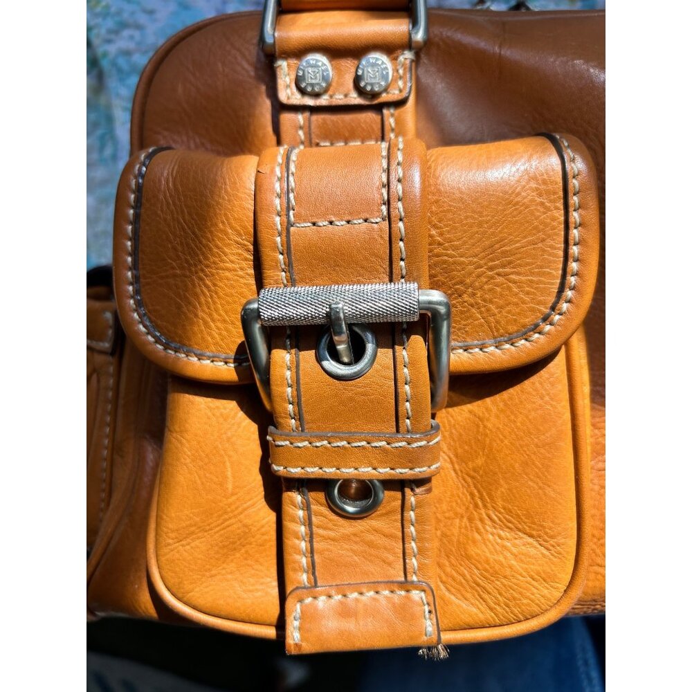 Vintage Michal Kors Cognac Leather Satchel-Buckle Pocket Detail - Picture 7 of 8